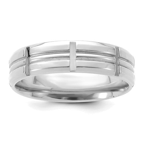Comfort Fit Grooved With Vertical Lines Wedding Band in 14K White Gold — 6mm, Size 13.5