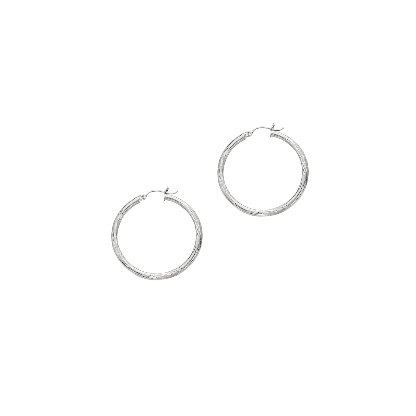 14K White Gold 3mm Diamond Cut & Polished Design Hoop Earring