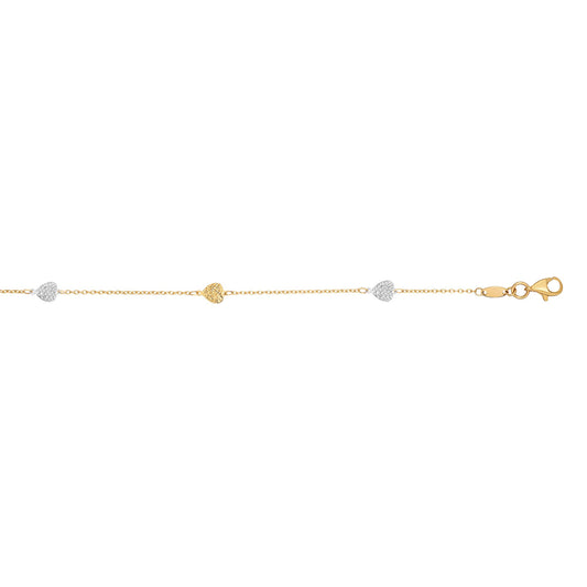 14K Two-tone Gold Diamond Cut Heart Anklet