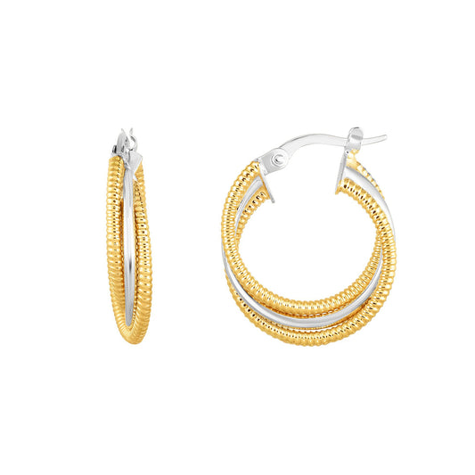 14K Gold Triple Row Polished & Twist Hoop Earring