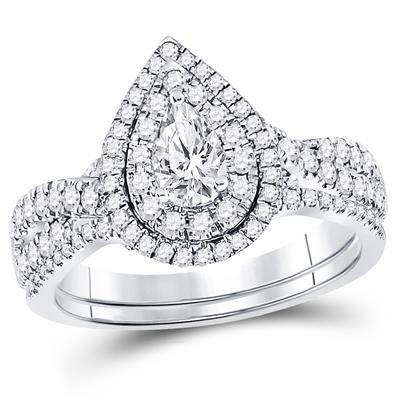 14K WHITE GOLD PEAR DIAMOND BRIDAL WEDDING RING SET 1 CTTW (CERTIFIED)
