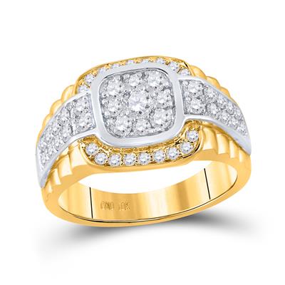 10K TWO-TONE GOLD ROUND DIAMOND RIBBED SQUARE CLUSTER RING 1-1/4 CTTW