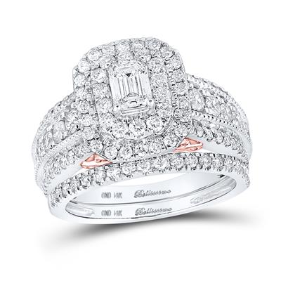 14K TWO-TONE GOLD EMERALD DIAMOND HALO BRIDAL WEDDING RING SET 2 CTTW (CERTIFIED)
